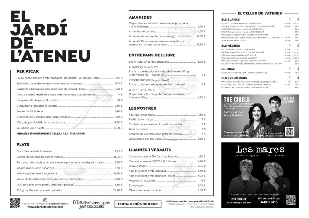 carta en calalán del restaurante el jardin del ateneu barcelones
